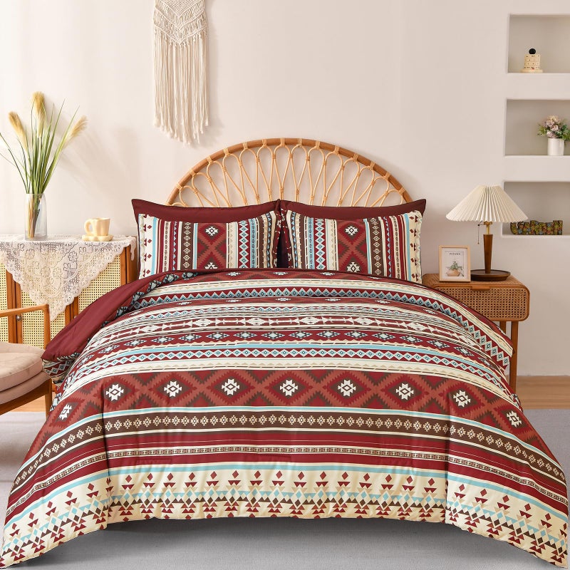 Dinjoy Red Boho Comforter Set Queen 7 Piece Bed in a Bag Queen Size Soft Aztec Bedding Sets with Sheets Bohemian Striped Bed Set Western Burgundy for Spring Summer 90""x90"" - Image 1