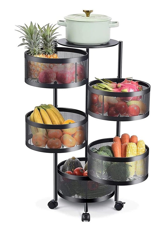 RollsTimi  Rotating Kitchen Rack 5 Tier Round Storage Baskets on Wheels Fruit Vegetable Shelf Organizer Plant Stand for Kitchen,Bathroom,Living Room Pusher Frame - Image 1
