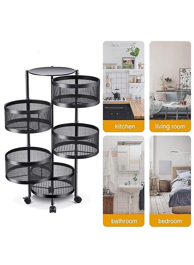 RollsTimi  Rotating Kitchen Rack 5 Tier Round Storage Baskets on Wheels Fruit Vegetable Shelf Organizer Plant Stand for Kitchen,Bathroom,Living Room Pusher Frame - Image 2