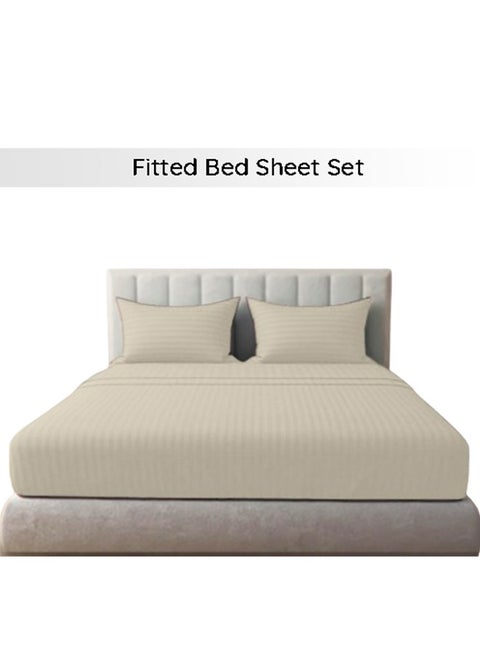 Snooze Striped Fitted Bed Sheet set 3pcs, Bed sheet+2 Free Pillowcases, Beige