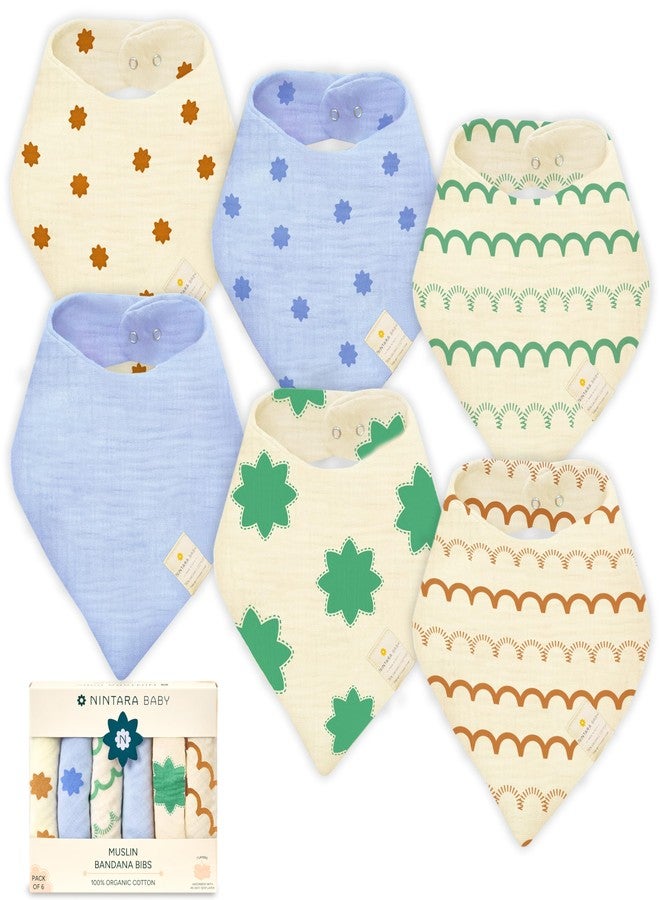 NINTARABABY Bandana Bibs - 100% Organic Muslin Cotton, 7-Layer Absorbent for Drooling, Teething & Feeding, Soft & Hypoallergenic, Adjustable Snap Buttons, Reversible, Baby Gift Ages 0-3, Pack of 6 - Image 1