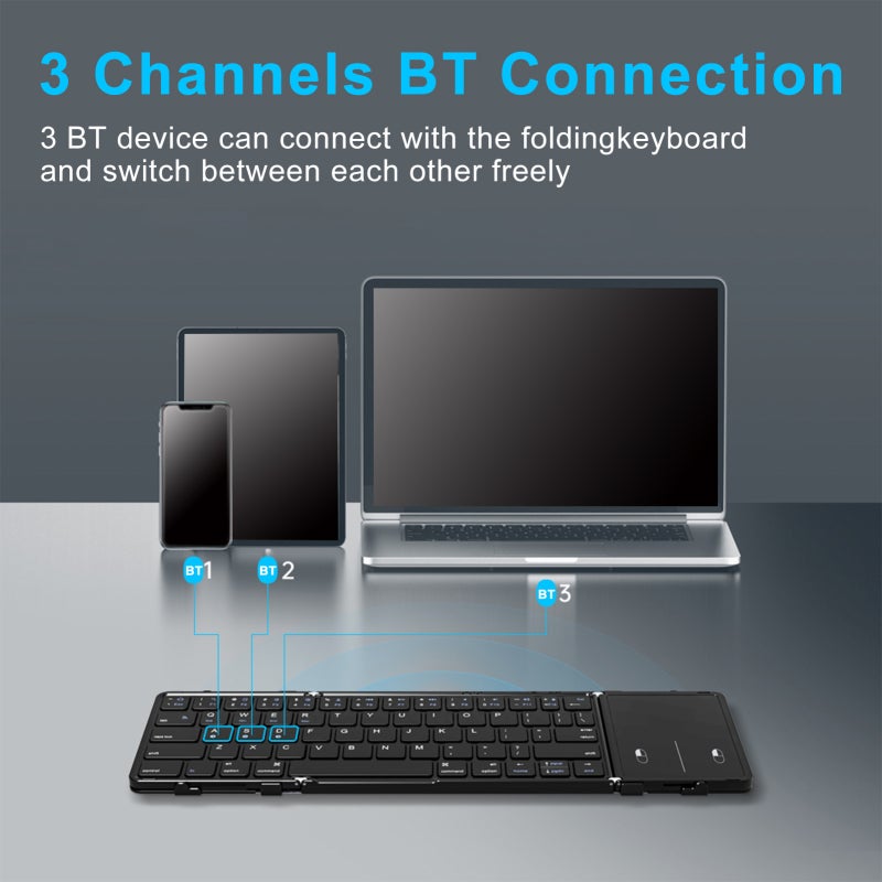 Bluetooth Keyboard: Portable Folding 3-Channel BT 5.1 With Large Laptop-Size Scissor Switch Keycap & Touchpad - Low Latency Stable Performance For Ipad, Office Home Use - Image 4