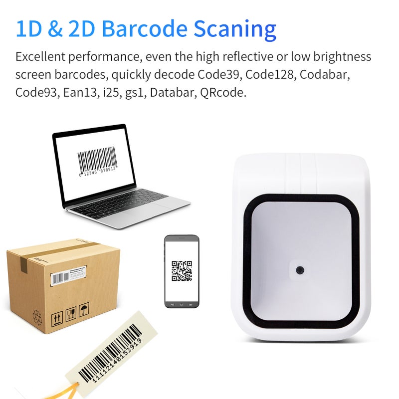 1D 2D QR Barcode Scanner Platform with Voice Announcement Prompt USB Wired Bar Code Reader Hands-free CMOS Image Sensor Desktop Scanner Large Scanning Window for Supermarket Library Retail Store - Image 5