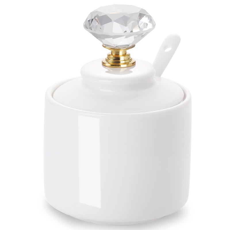 ONTUBE ONTUBE Porcelain Sugar Bowl with Crystal Lid and Spoon8oz White Crystal gold 