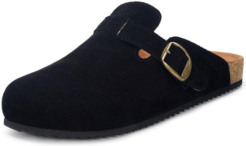 Intini Genuine Suede Leather Clogs for Womens Mens Slip on Mules Antislip Cork Sandals with Arch Support Potato Shoes Buckle Black - Image 1