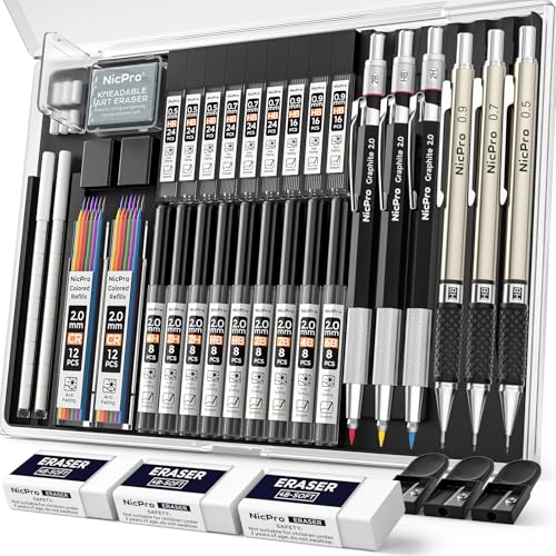 Nicpro 35PCS Art Mechanical Pencil Set 3 PCS Metal Drafting Pencil 05 mm 07 mm 09 mm 3 PCS 2mm Lead Holder 6B 4B 2B HB 2H 4H Colors For Sketching Drawing With 20 Tube Lead Refills Case - Image 1