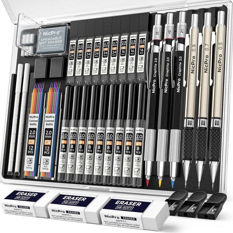 Nicpro 35PCS Art Mechanical Pencil Set 3 PCS Metal Drafting Pencil 05 mm 07 mm 09 mm 3 PCS 2mm Lead Holder 6B 4B 2B HB 2H 4H Colors For Sketching Drawing With 20 Tube Lead Refills Case - Image 2
