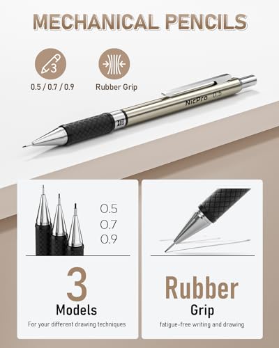 Nicpro 35PCS Art Mechanical Pencil Set 3 PCS Metal Drafting Pencil 05 mm 07 mm 09 mm 3 PCS 2mm Lead Holder 6B 4B 2B HB 2H 4H Colors For Sketching Drawing With 20 Tube Lead Refills Case - Image 3