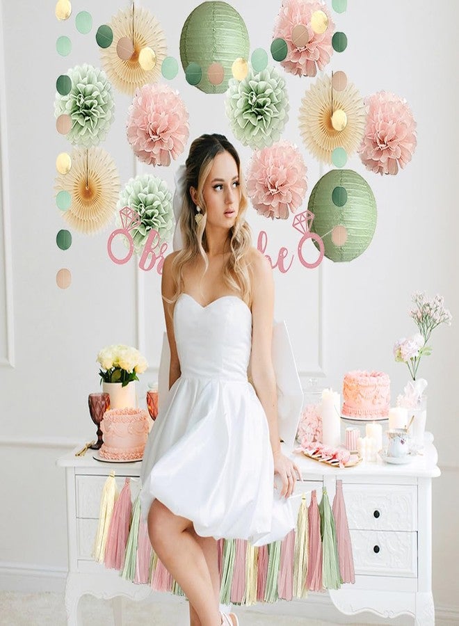 FETETIJD Dusty Pink and Sage Green Bridal Shower Decorations Boho Pastel Bride to Be Sage Green and Blush Pink Bridal Shower Decorations Dusty Rose Bachelorette Party Beige Fans Poms with Cream Tassel Garland - Image 4
