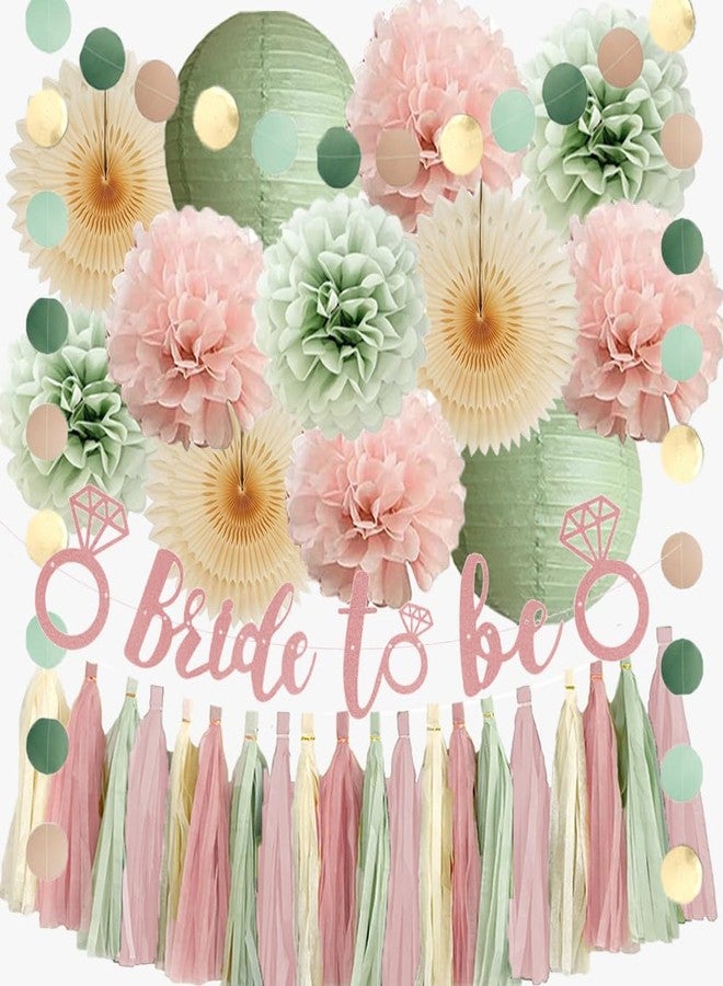 FETETIJD Dusty Pink and Sage Green Bridal Shower Decorations Boho Pastel Bride to Be Sage Green and Blush Pink Bridal Shower Decorations Dusty Rose Bachelorette Party Beige Fans Poms with Cream Tassel Garland - Image 1