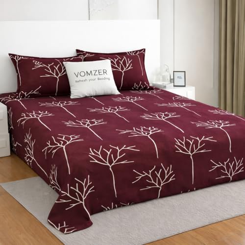 VOMZER Premium Cotton Feel Flat Bedsheet for Double Bed King Size – 300 TC Premium Flat Bedsheet for King Size Bed – Double Bed Bedsheet with 2 Pillow Covers Wine Flower - Image 1