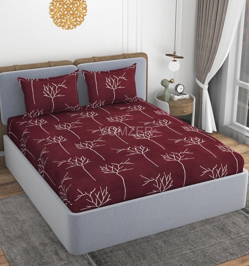 VOMZER Premium Cotton Feel Flat Bedsheet for Double Bed King Size – 300 TC Premium Flat Bedsheet for King Size Bed – Double Bed Bedsheet with 2 Pillow Covers Wine Flower - Image 2