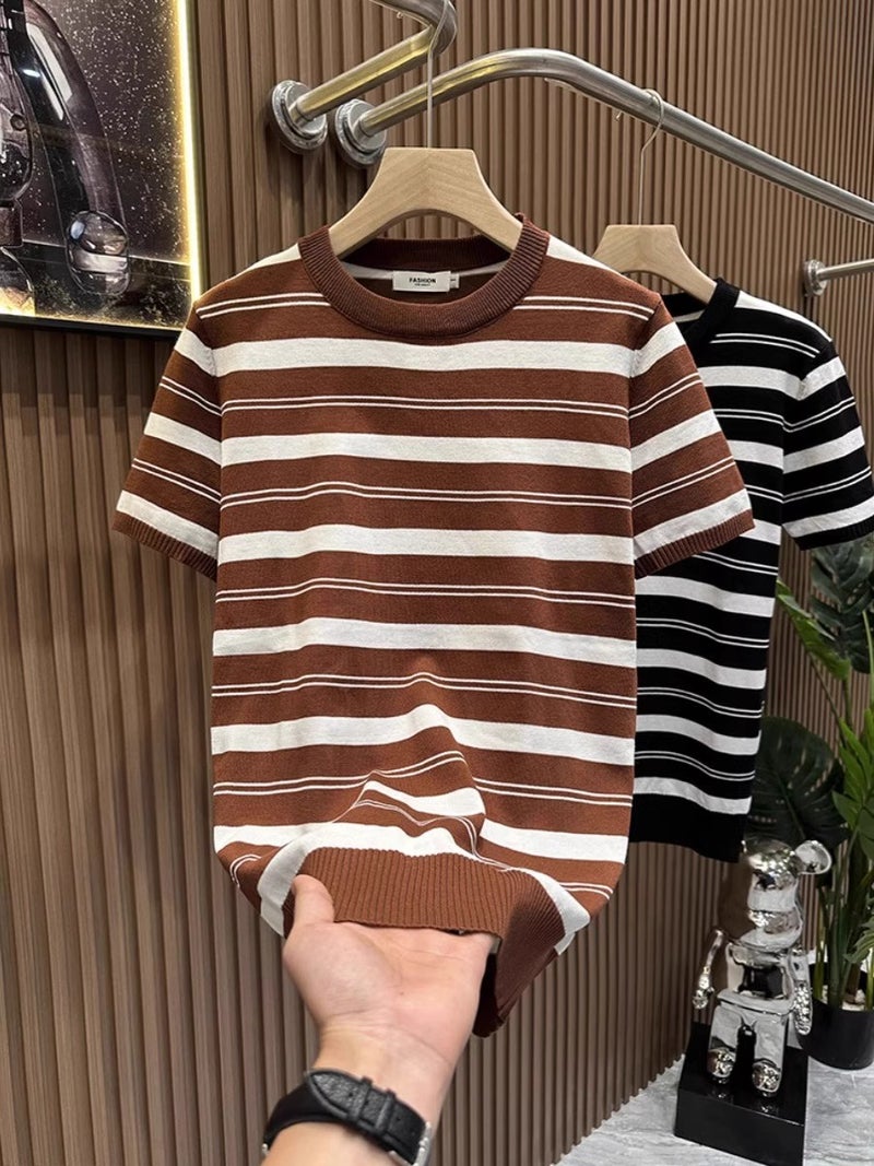New Striped Knit Short-Sleeve Men'S Half-Sleeve Sweater T-Shirt Round Neck Slim Fashion Youth Base Shirt 2025 Trend - Image 2