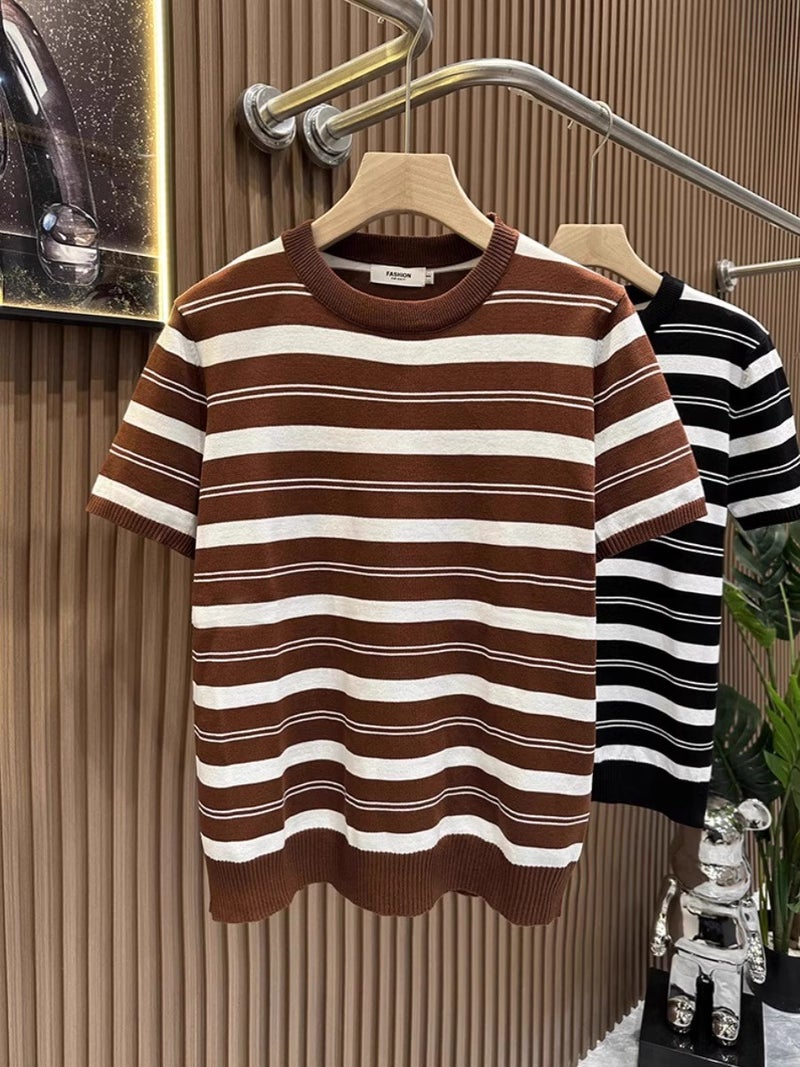 New Striped Knit Short-Sleeve Men'S Half-Sleeve Sweater T-Shirt Round Neck Slim Fashion Youth Base Shirt 2025 Trend - Image 5