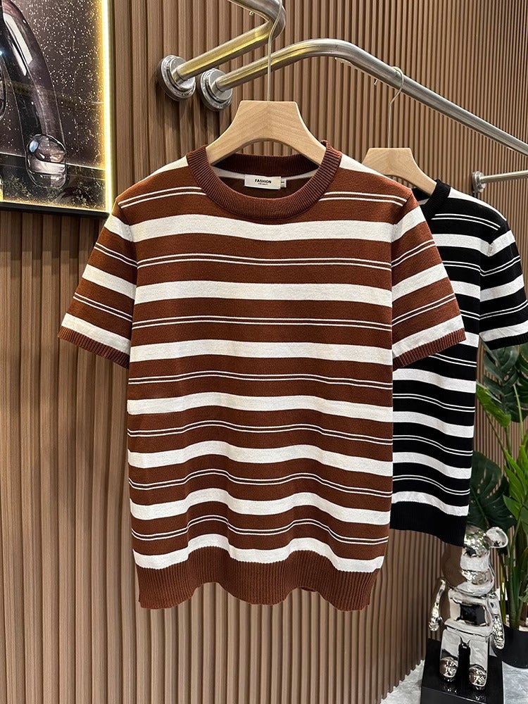 New Striped Knit Short-Sleeve Men'S Half-Sleeve Sweater T-Shirt Round Neck Slim Fashion Youth Base Shirt 2025 Trend - Image 1