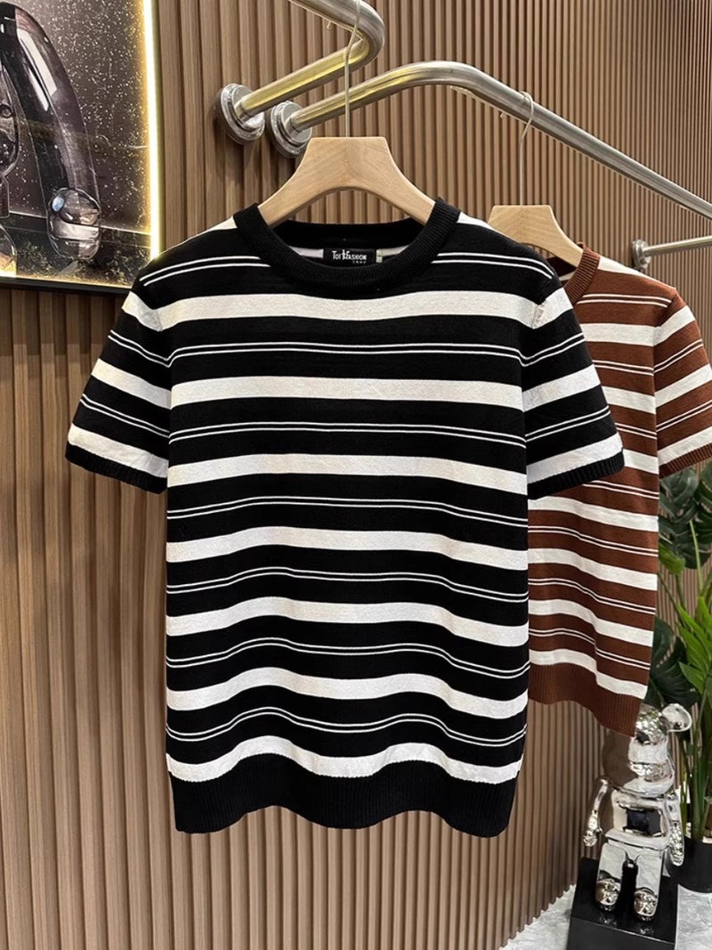 New Striped Knit Short-Sleeve Men'S Half-Sleeve Sweater T-Shirt Round Neck Slim Fashion Youth Base Shirt 2025 Trend - Image 4