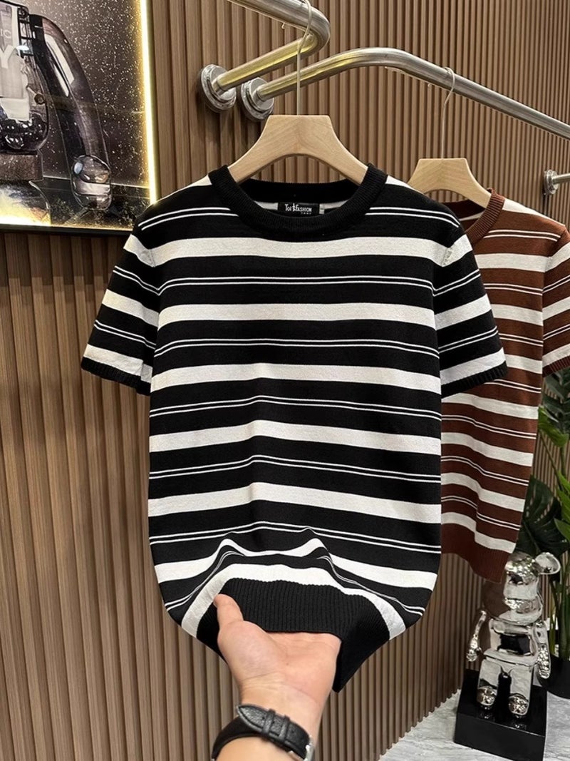 New Striped Knit Short-Sleeve Men'S Half-Sleeve Sweater T-Shirt Round Neck Slim Fashion Youth Base Shirt 2025 Trend - Image 3