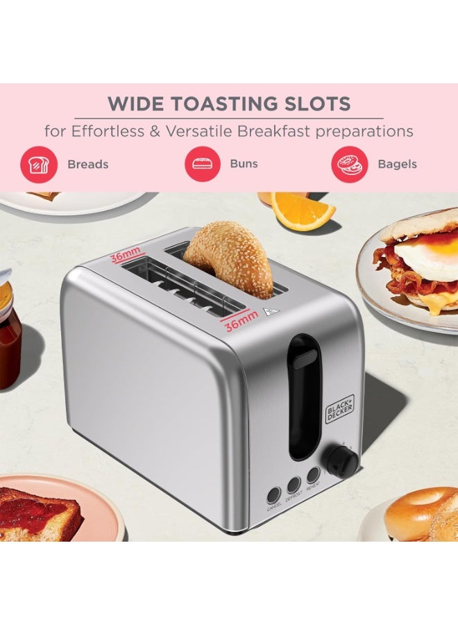 BLACK&DECKER Toaster, 2-Slice, 1050W, Stainless Steel, Dual-Side Heating, 6 Browning Levels, Defrost, Reheat, Cancel Functions, Wide 36mm Slots, Removable Crumb Tray, Sleek Design - Image 2