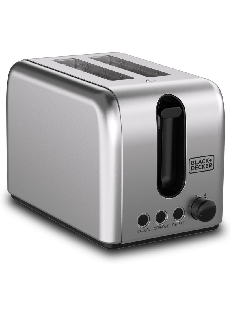 BLACK&DECKER Toaster, 2-Slice, 1050W, Stainless Steel, Dual-Side Heating, 6 Browning Levels, Defrost, Reheat, Cancel Functions, Wide 36mm Slots, Removable Crumb Tray, Sleek Design - Image 1