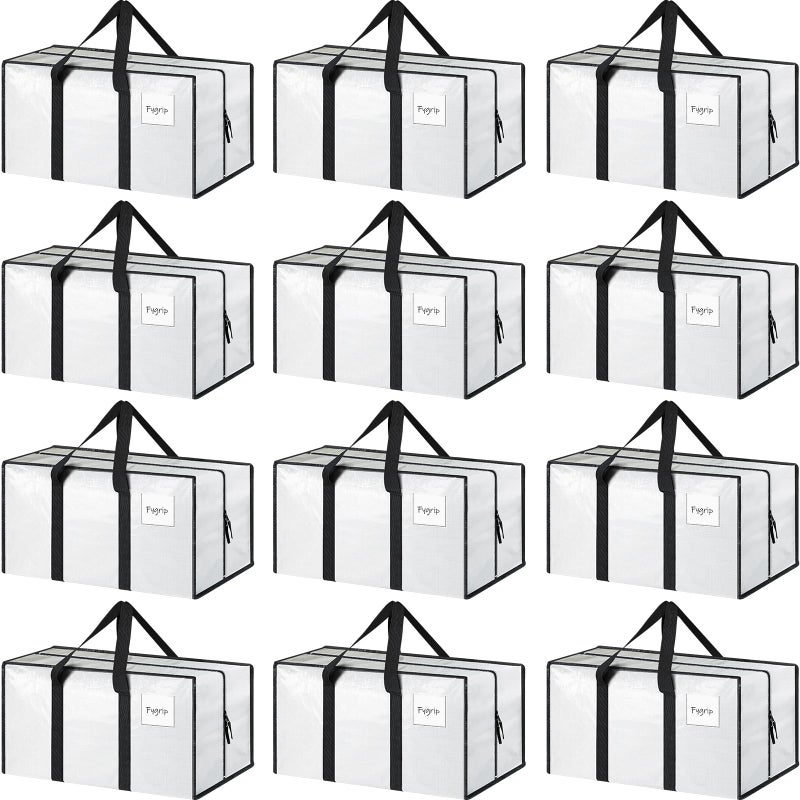 12 Pack Extra Heavy Duty Large Moving Bags with Strong Zipper  Comfortable Handles Sturdy  Durable Clothes Storage Bags Totes Bins Packing Moving Boxes for College Supplies White