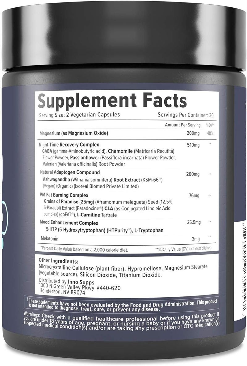 INNOSUPPS Night Shred Fat Burner and Natural Sleep Support  Ashwaganda 5HTP CLA Melatonin  Appetite Suppressant  Weight Loss Support Nighttime Fat Burning 60 Vegetarian Capsules - Image 3