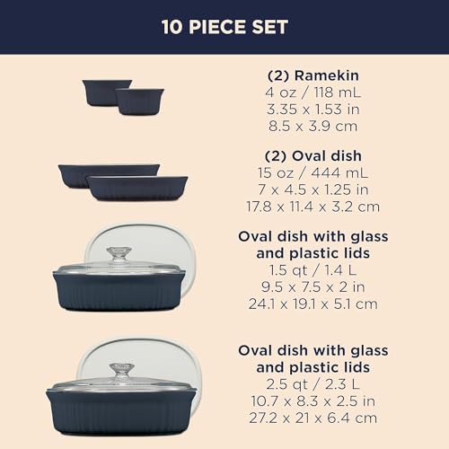 CorningWare Ceramic Bakeware Set with Lids Chip and Crack Resistant Stoneware Baking Dish, Microwave, Dishwasher, Oven, Freezer and Fridge Safe, 10-Piece French Navy - Image 2