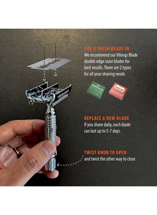 Vikings Blade Double Edge Safety Razor by VIKINGS BLADE, Fat & Short Handle, Swedish Steel Blades Pack + Luxury Case. Twist to Open, Heavy Duty, Reduces Razor Burn, Smooth, Close, Clean Shave (Model: The Chieftain)  - Image 4