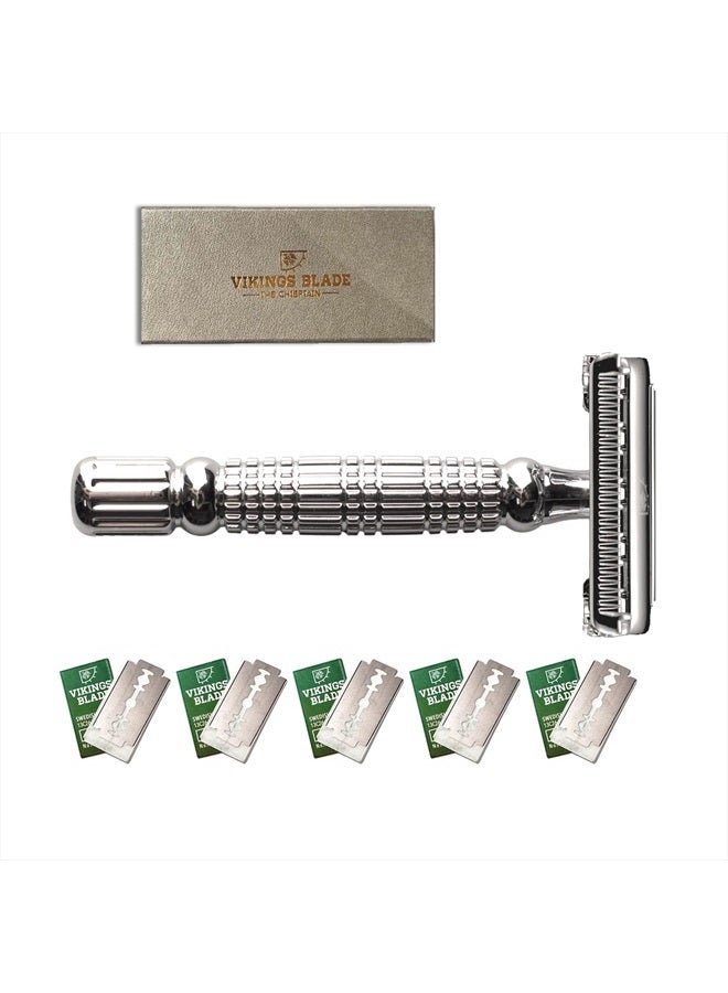 Vikings Blade Double Edge Safety Razor by VIKINGS BLADE, Fat & Short Handle, Swedish Steel Blades Pack + Luxury Case. Twist to Open, Heavy Duty, Reduces Razor Burn, Smooth, Close, Clean Shave (Model: The Chieftain)  - Image 1