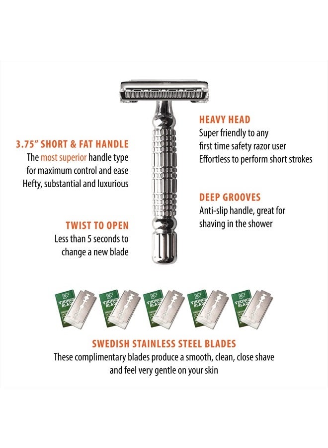 Vikings Blade Double Edge Safety Razor by VIKINGS BLADE, Fat & Short Handle, Swedish Steel Blades Pack + Luxury Case. Twist to Open, Heavy Duty, Reduces Razor Burn, Smooth, Close, Clean Shave (Model: The Chieftain)  - Image 3