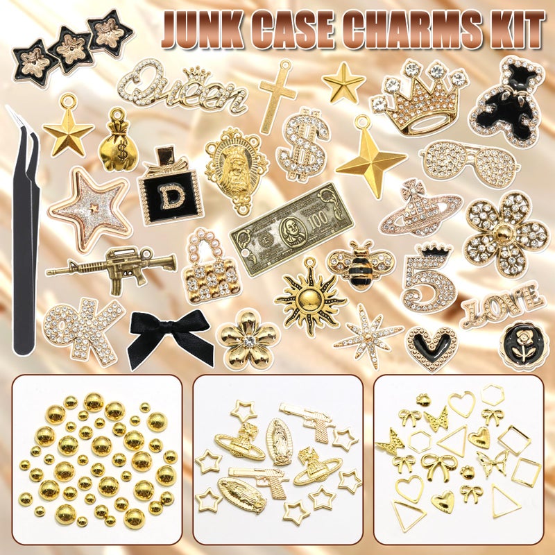 BELICEY Gold Junk Case Charms Kit, Junk Phone Cases with Big Charm Sparkly Rhinestone Star Cross Jewelry Making Charm Punk Aesthetic Big Decor for Customizing Case DIY Craft - Image 2
