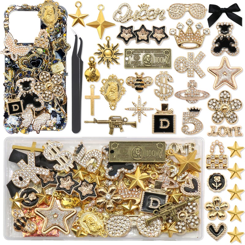 BELICEY Gold Junk Case Charms Kit, Junk Phone Cases with Big Charm Sparkly Rhinestone Star Cross Jewelry Making Charm Punk Aesthetic Big Decor for Customizing Case DIY Craft - Image 1