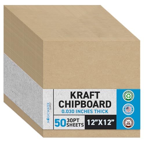 MagicWater Supply MagicWater Chipboard Sheet for DIY Projects - 12x12 Inch - 50 Pack - 30 pt - Heavy Duty Kraft (0.030 Inch Thick) Paperboard, For Scrapbooking, Books, Picture Frame Backing, Arts Project & Crafts - Image 1
