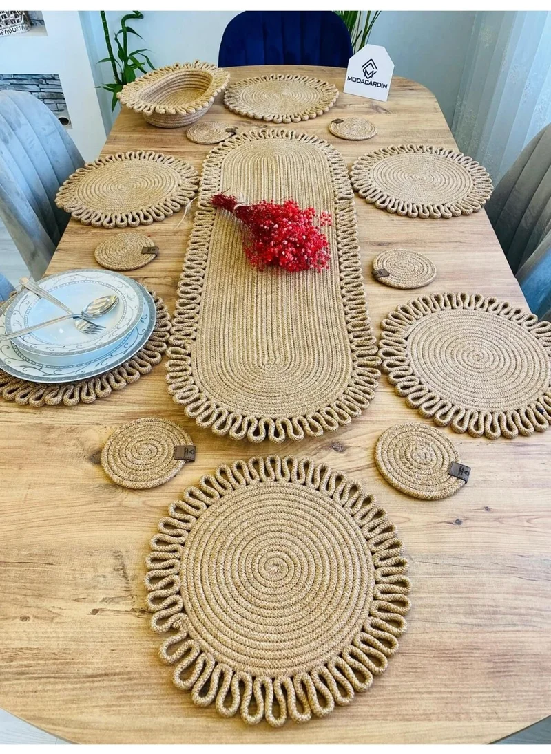 BDZ Deri BDZ Leather Jute Wicker American Service Supla Runner Basket and Cup Holder 14 Pieces