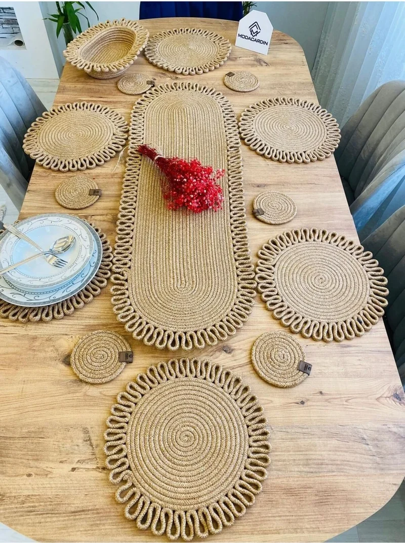 BDZ Deri BDZ Leather Jute Wicker American Service Supla Runner Basket and Cup Holder 14 Pieces