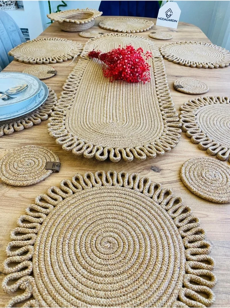 BDZ Deri BDZ Leather Jute Wicker American Service Supla Runner Basket and Cup Holder 14 Pieces