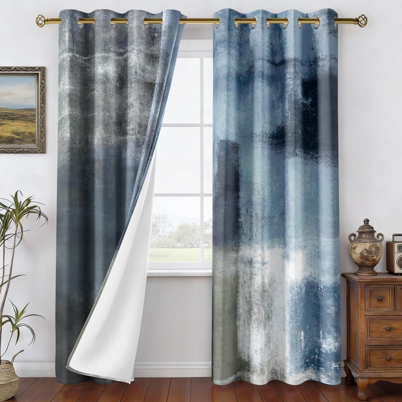 Asuexpect Dusty Blue Abstract Curtains 2 Panels Set Navy Grey Geometric Curtain Modern Chic Window Treatments Decorative for Farmhouse Living Room Bedroom Window 50% Darkening Curtain 52x84 Inch - Image 3