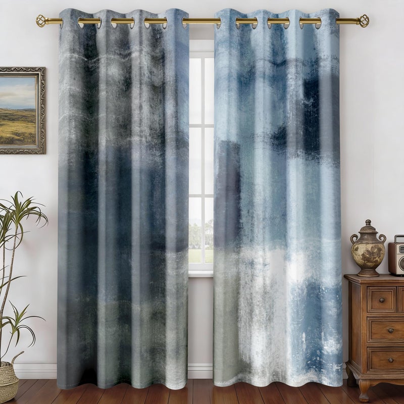 Asuexpect Dusty Blue Abstract Curtains 2 Panels Set Navy Grey Geometric Curtain Modern Chic Window Treatments Decorative for Farmhouse Living Room Bedroom Window 50% Darkening Curtain 52x84 Inch - Image 1