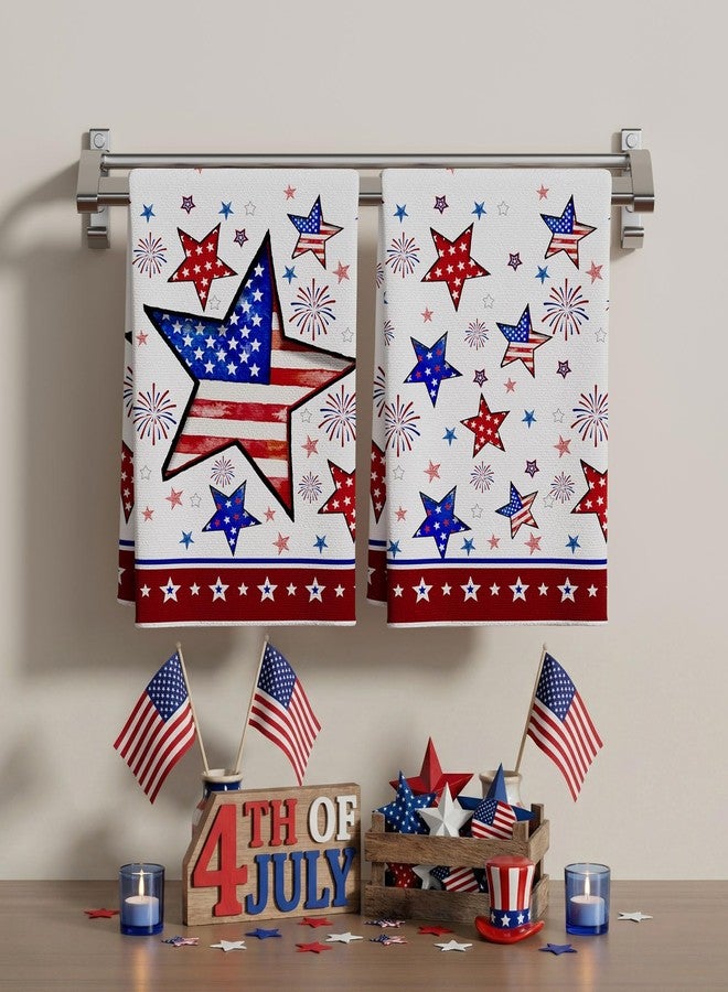 XCHI America Stars Fireworks 4th of July Kitchen Towels Patriotic Memorial Day Dish Towels 18x26 Inch Home Kitchen Decorations Hand Towels Set of 2 Drying Dishcloth - Image 2