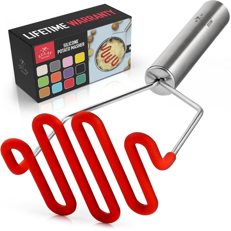 Zulay Kitchen NonScratch Potato Masher  HeavyDuty Stainless Steel  Silicone Hand Masher for Smooth Mashed Potatoes Avocados  More  Durable  Easy to Clean Kitchen Tool  Red