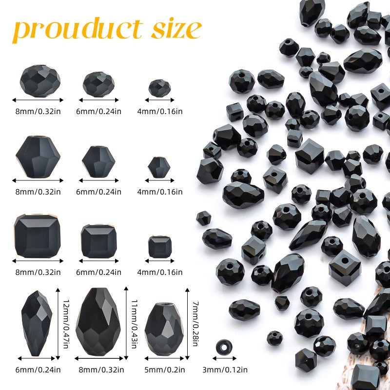 Laopottbeads 1500 Pcs Crystal Glass Beads for Jewelry Making â€“ 12 Styles Bicone, Rondelle, Cube, Teardrop & 3mm Spacer Beads, DIY Bracelet Necklace Earring Craft Kit with Organizer Box(Black) - Image 2