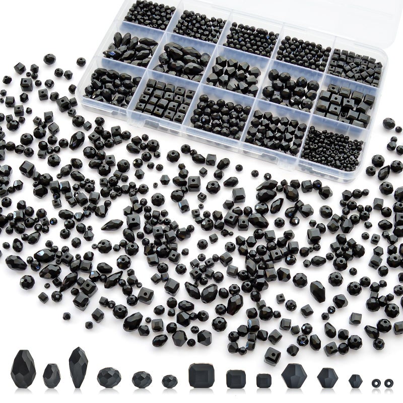 Laopottbeads 1500 Pcs Crystal Glass Beads for Jewelry Making â€“ 12 Styles Bicone, Rondelle, Cube, Teardrop & 3mm Spacer Beads, DIY Bracelet Necklace Earring Craft Kit with Organizer Box(Black) - Image 1
