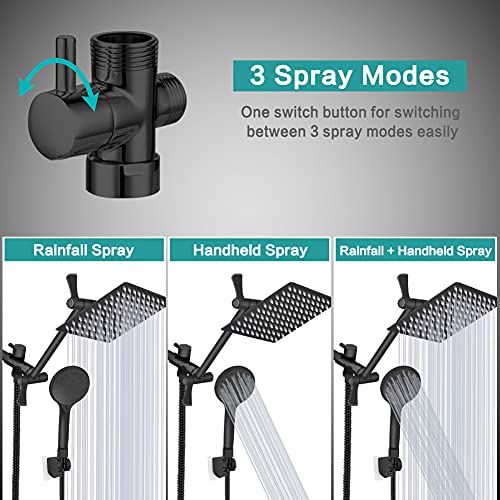Tudoccy Shower Head 10‘’ High Pressure Rainfall Shower Head/Handheld Shower Combo with 11'' Extension Arm, 9 Settings Anti-leak Head with Holder, Height/Angle Adjustable, Chrome, Matte Black - Image 2