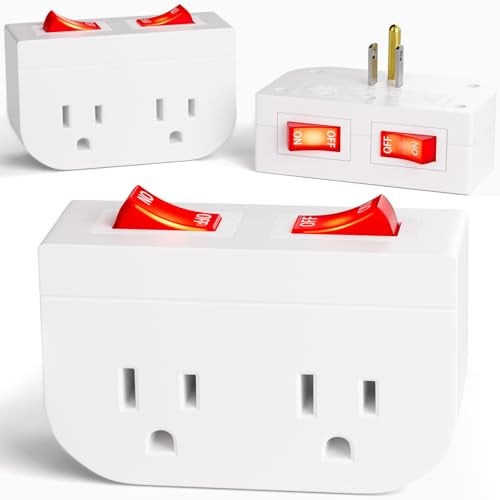 POWAWINI 3Pack - POWAWINI Grounded Outlet with Double On Off Switch, Two Port Electrical Outlet Plug Switch, Wall Tap Adapter with Daul Red Indicator, 1875W,15A, ETL Listed (White) - Image 1