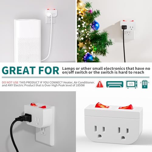 POWAWINI 3Pack - POWAWINI Grounded Outlet with Double On Off Switch, Two Port Electrical Outlet Plug Switch, Wall Tap Adapter with Daul Red Indicator, 1875W,15A, ETL Listed (White) - Image 3