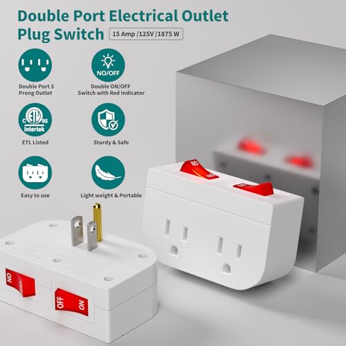 POWAWINI 3Pack - POWAWINI Grounded Outlet with Double On Off Switch, Two Port Electrical Outlet Plug Switch, Wall Tap Adapter with Daul Red Indicator, 1875W,15A, ETL Listed (White) - Image 2