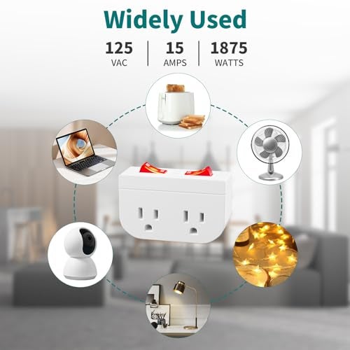 POWAWINI 3Pack - POWAWINI Grounded Outlet with Double On Off Switch, Two Port Electrical Outlet Plug Switch, Wall Tap Adapter with Daul Red Indicator, 1875W,15A, ETL Listed (White) - Image 5
