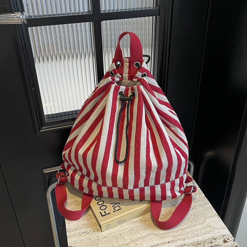 Contrast Color Stripesd Large-Capacity Bag For Women 2024 Satchel Bucket Bag Versatile Foreign Style Canvas Backpack - Image 2
