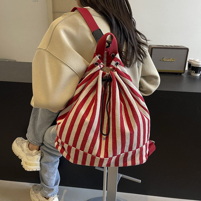 Contrast Color Stripesd Large-Capacity Bag For Women 2024 Satchel Bucket Bag Versatile Foreign Style Canvas Backpack - Image 5