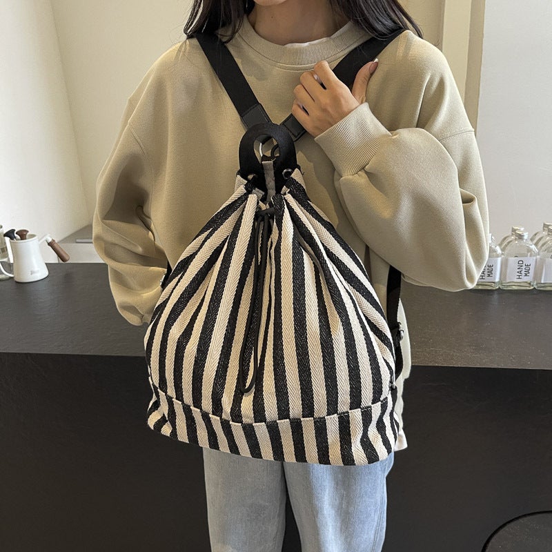 Contrast Color Stripesd Large-Capacity Bag For Women 2024 Satchel Bucket Bag Versatile Foreign Style Canvas Backpack - Image 4