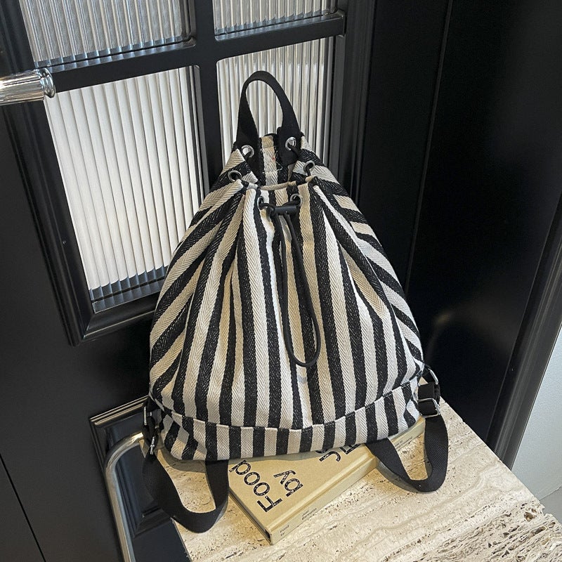 Contrast Color Stripesd Large-Capacity Bag For Women 2024 Satchel Bucket Bag Versatile Foreign Style Canvas Backpack - Image 3